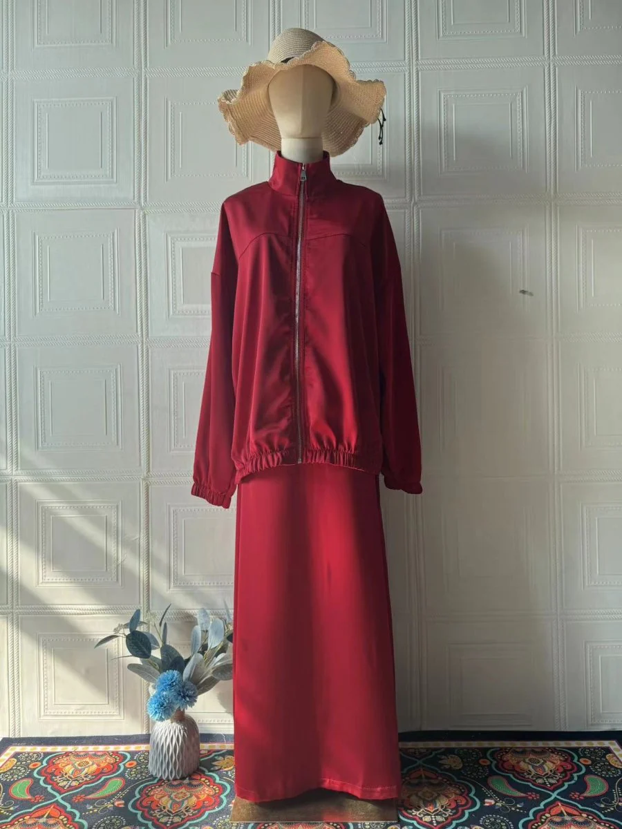 New Summer Satin Long Sleeve Dress | Modest Fashion Waist Drop Long Dress Set (MS079) - Image 10
