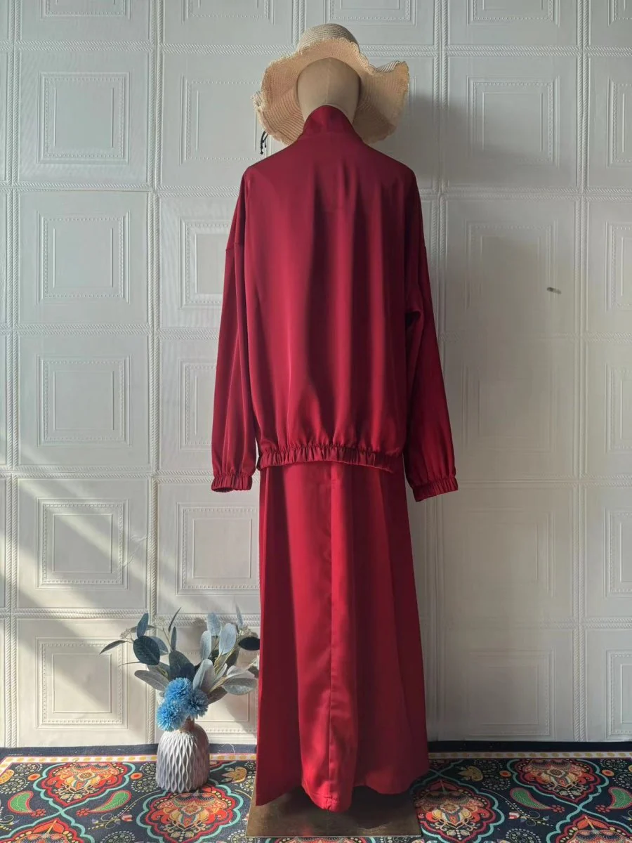 New Summer Satin Long Sleeve Dress | Modest Fashion Waist Drop Long Dress Set (MS079) - Image 11