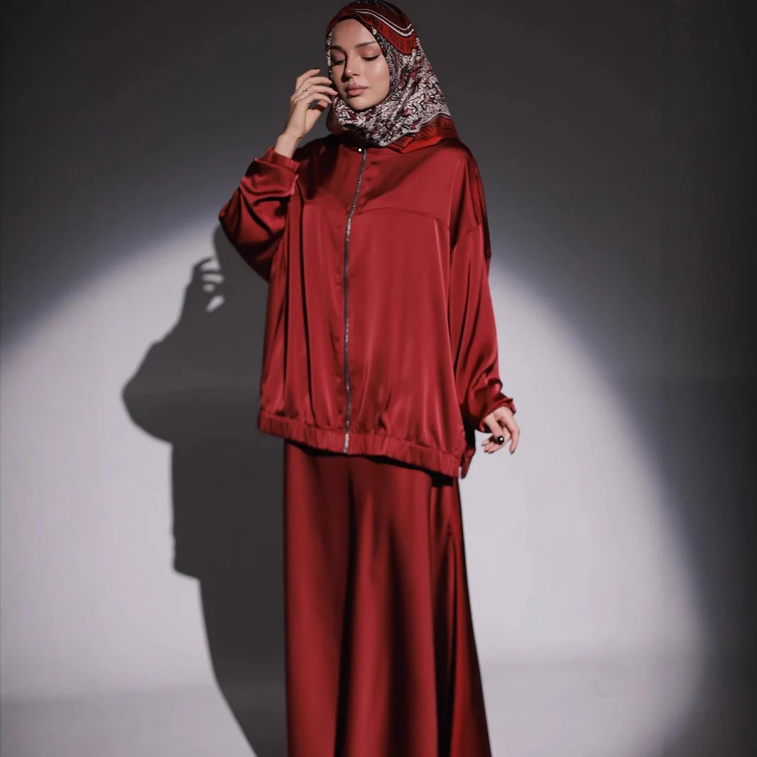 New Summer Satin Long Sleeve Dress | Modest Fashion Waist Drop Long Dress Set (MS079) - Image 3
