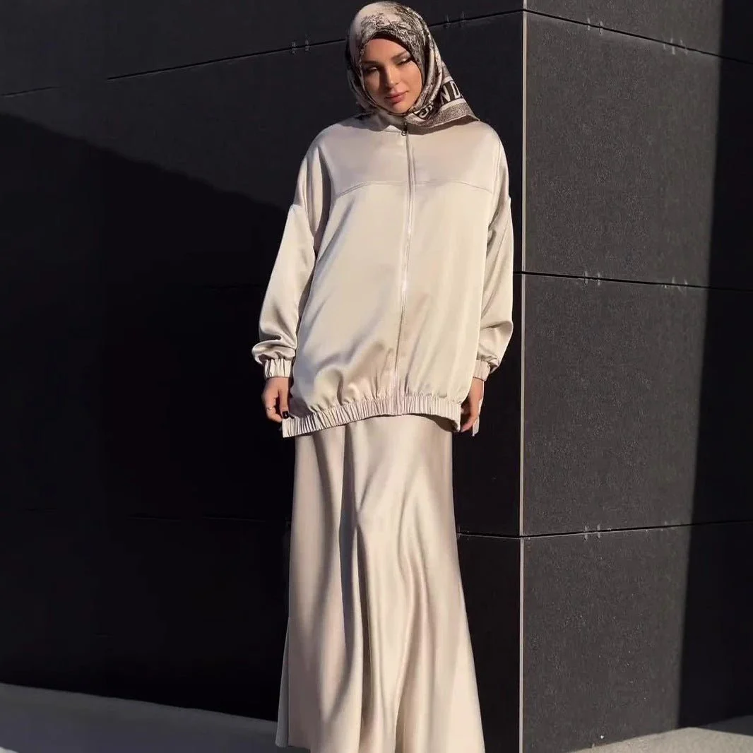 New Summer Satin Long Sleeve Dress | Modest Fashion Waist Drop Long Dress Set (MS079) - Image 4