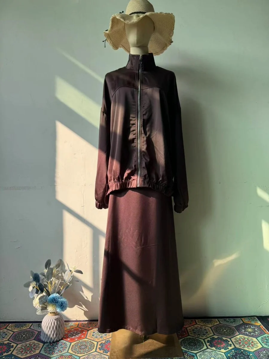 New Summer Satin Long Sleeve Dress | Modest Fashion Waist Drop Long Dress Set (MS079) - Image 5