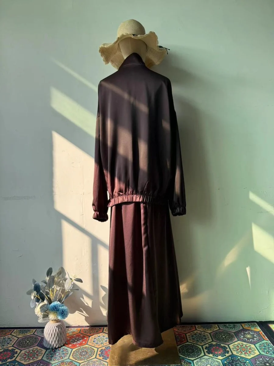 New Summer Satin Long Sleeve Dress | Modest Fashion Waist Drop Long Dress Set (MS079) - Image 6