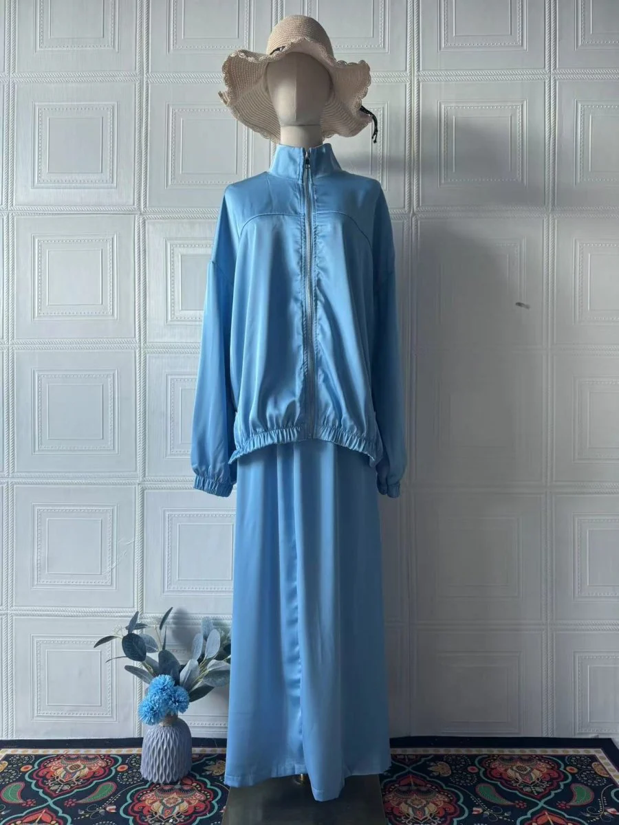 New Summer Satin Long Sleeve Dress | Modest Fashion Waist Drop Long Dress Set (MS079) - Image 7