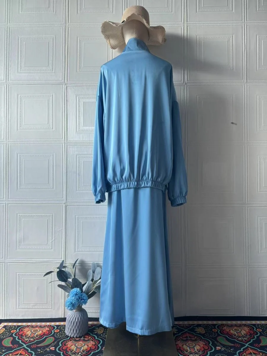 New Summer Satin Long Sleeve Dress | Modest Fashion Waist Drop Long Dress Set (MS079) - Image 8
