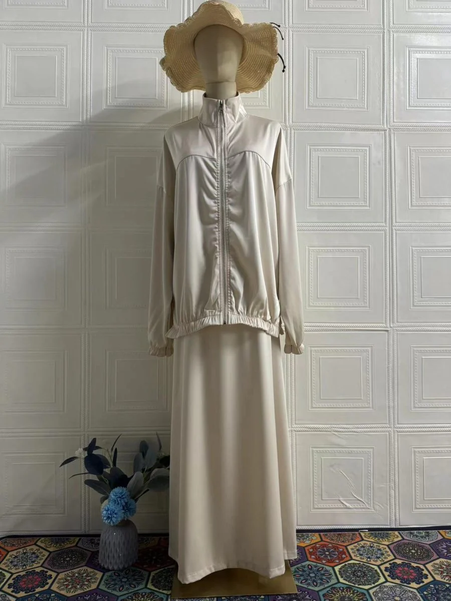 New Summer Satin Long Sleeve Dress | Modest Fashion Waist Drop Long Dress Set (MS079) - Image 9