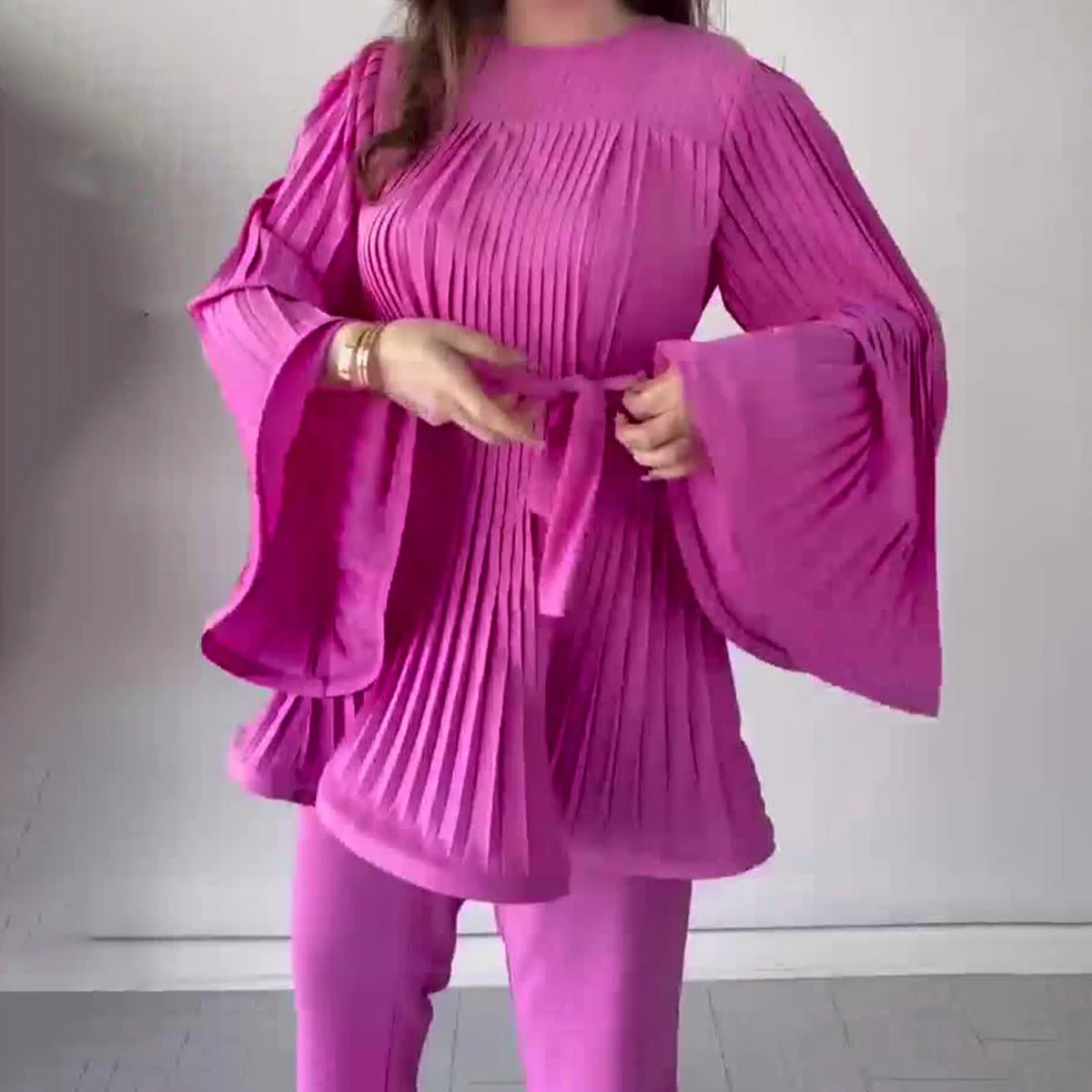Summer Pleated Design Breathable Loose Pants Two-Piece Set (MS083) - Image 4