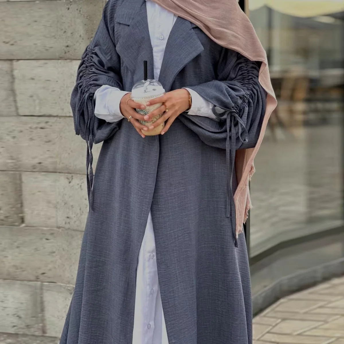 Tailored Blazer Cardigan with Ruched Sleeves | Open-Front Twill Blend Jacket(MOA246)
