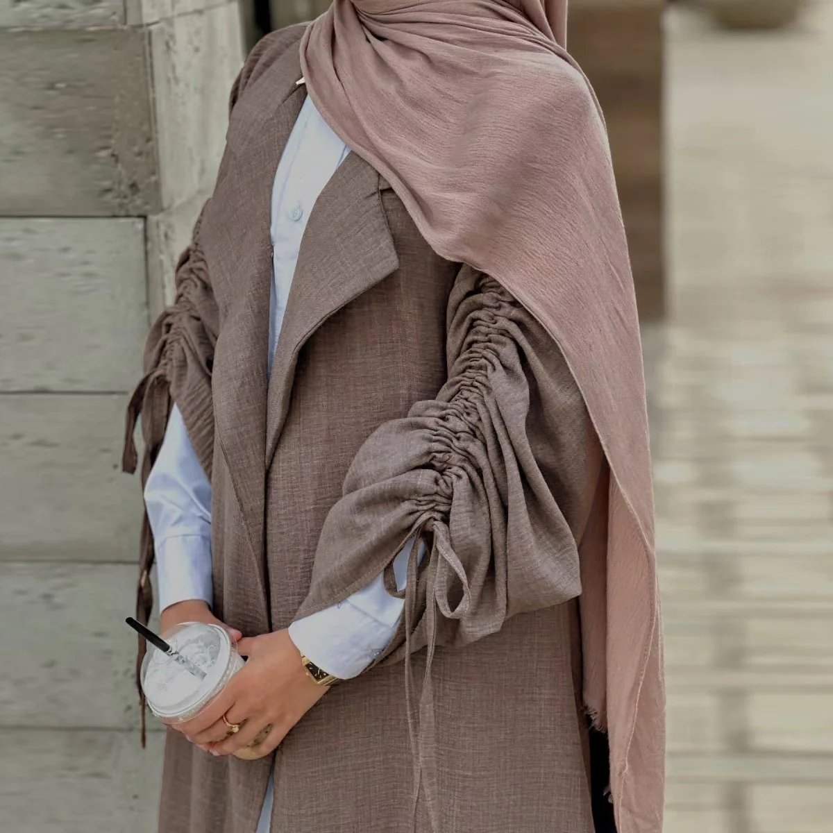 Tailored Blazer Cardigan with Ruched Sleeves | Open-Front Twill Blend Jacket(MOA246) - Image 2