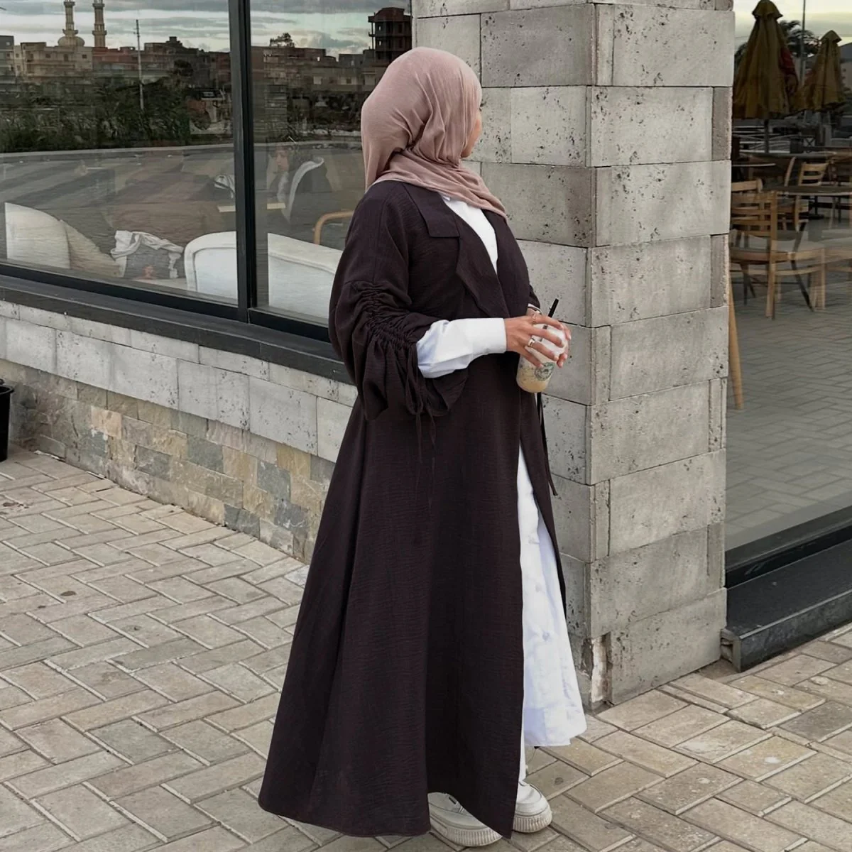 Tailored Blazer Cardigan with Ruched Sleeves | Open-Front Twill Blend Jacket(MOA246) - Image 3