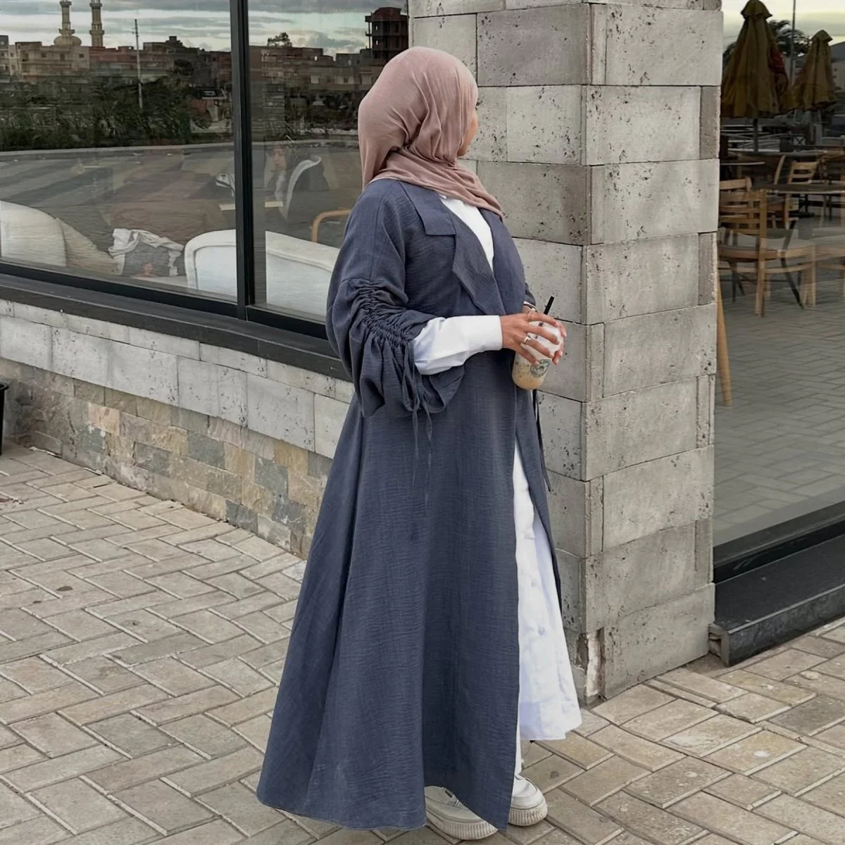 Tailored Blazer Cardigan with Ruched Sleeves | Open-Front Twill Blend Jacket(MOA246) - Image 4