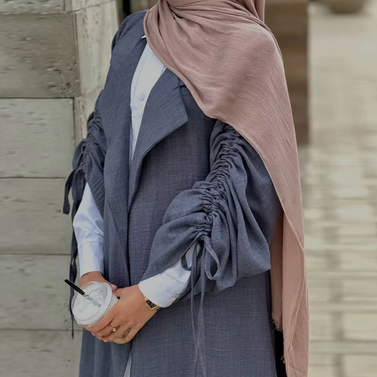 Tailored Blazer Cardigan with Ruched Sleeves | Open-Front Twill Blend Jacket(MOA246) - Image 6