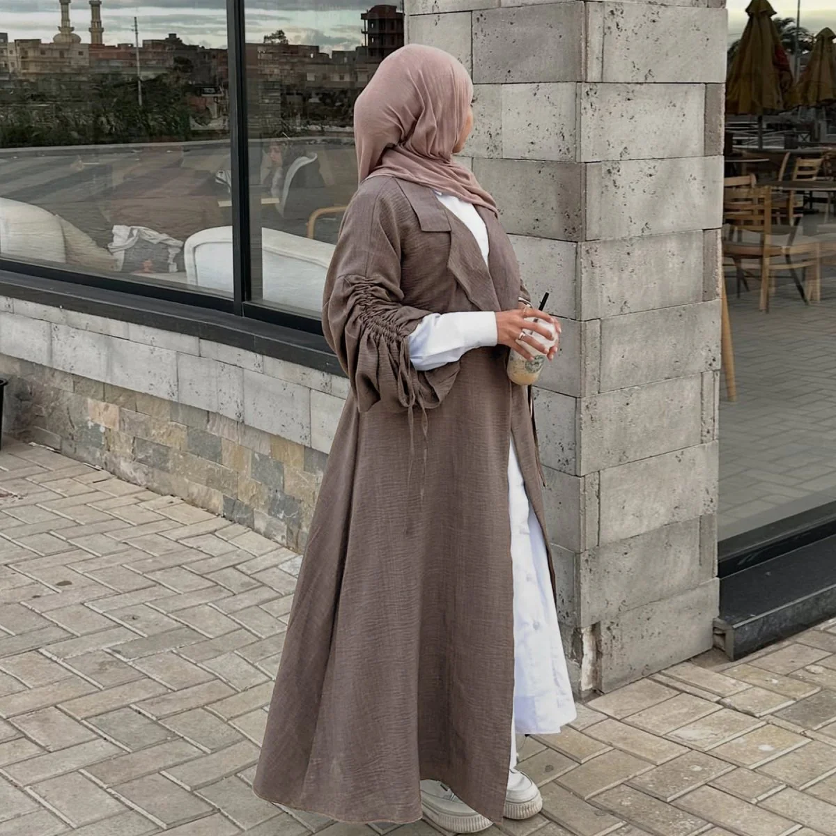 Tailored Blazer Cardigan with Ruched Sleeves | Open-Front Twill Blend Jacket(MOA246) - Image 8