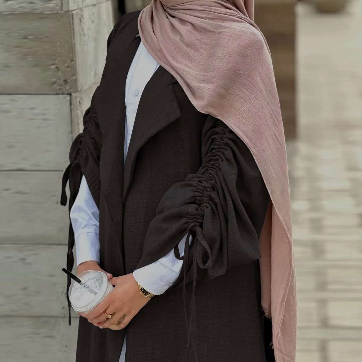 Tailored Blazer Cardigan with Ruched Sleeves | Open-Front Twill Blend Jacket(MOA246) - Image 9