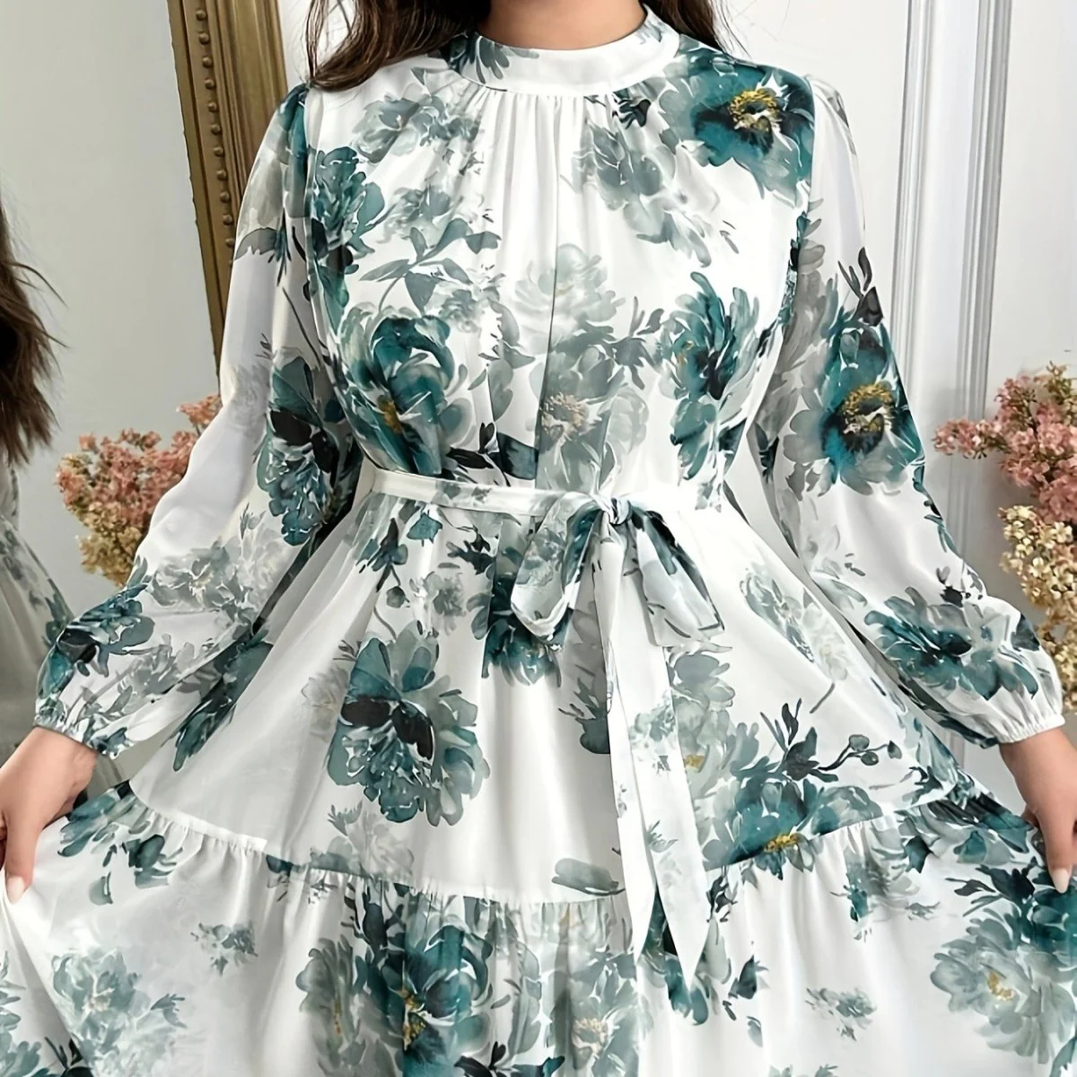 Teal Botanical Print Tiered Maxi Dress (MS399) - Image 3