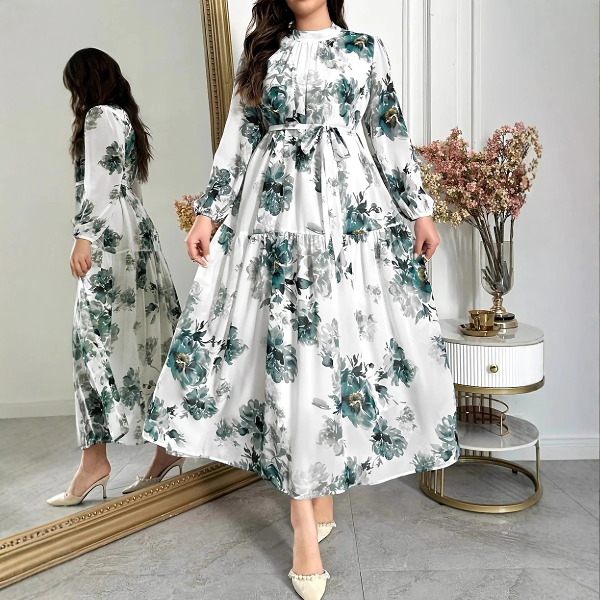 Teal Botanical Print Tiered Maxi Dress (MS399) - Image 4