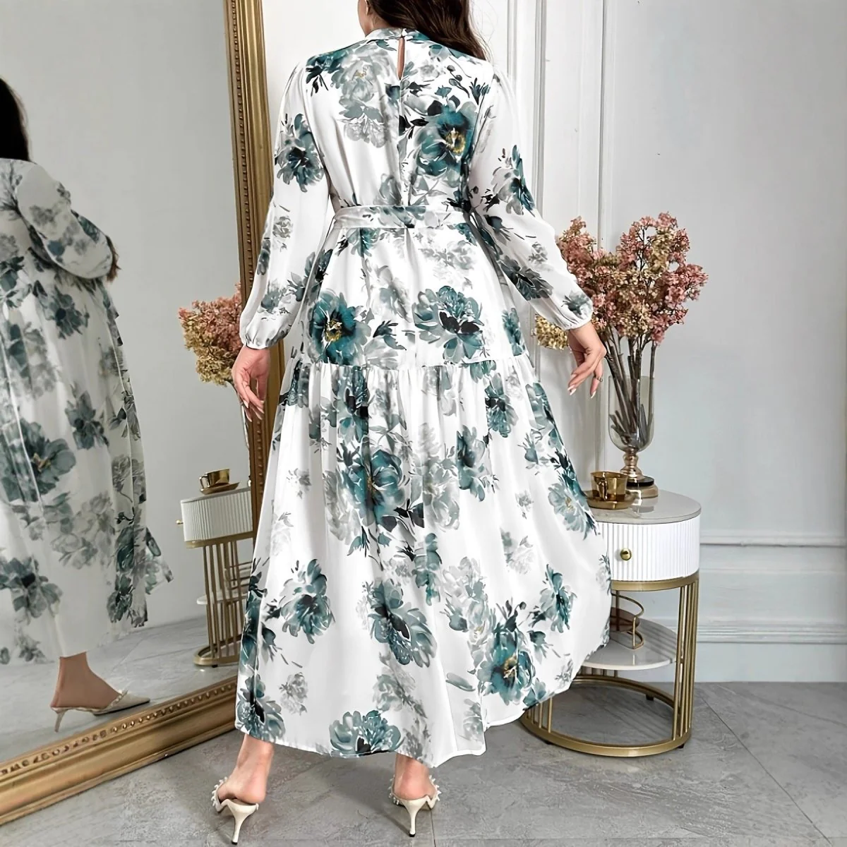 Teal Botanical Print Tiered Maxi Dress (MS399) - Image 5