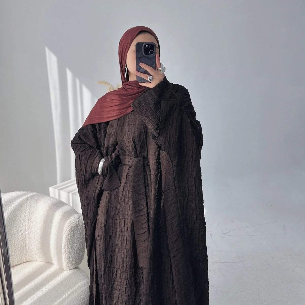 Textured Jacquard Abaya with Batwing Cardigan & Belt(MOA281) - Image 15