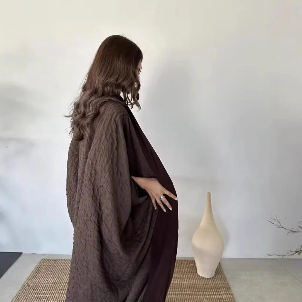 Textured Jacquard Abaya with Batwing Cardigan & Belt(MOA281) - Image 2