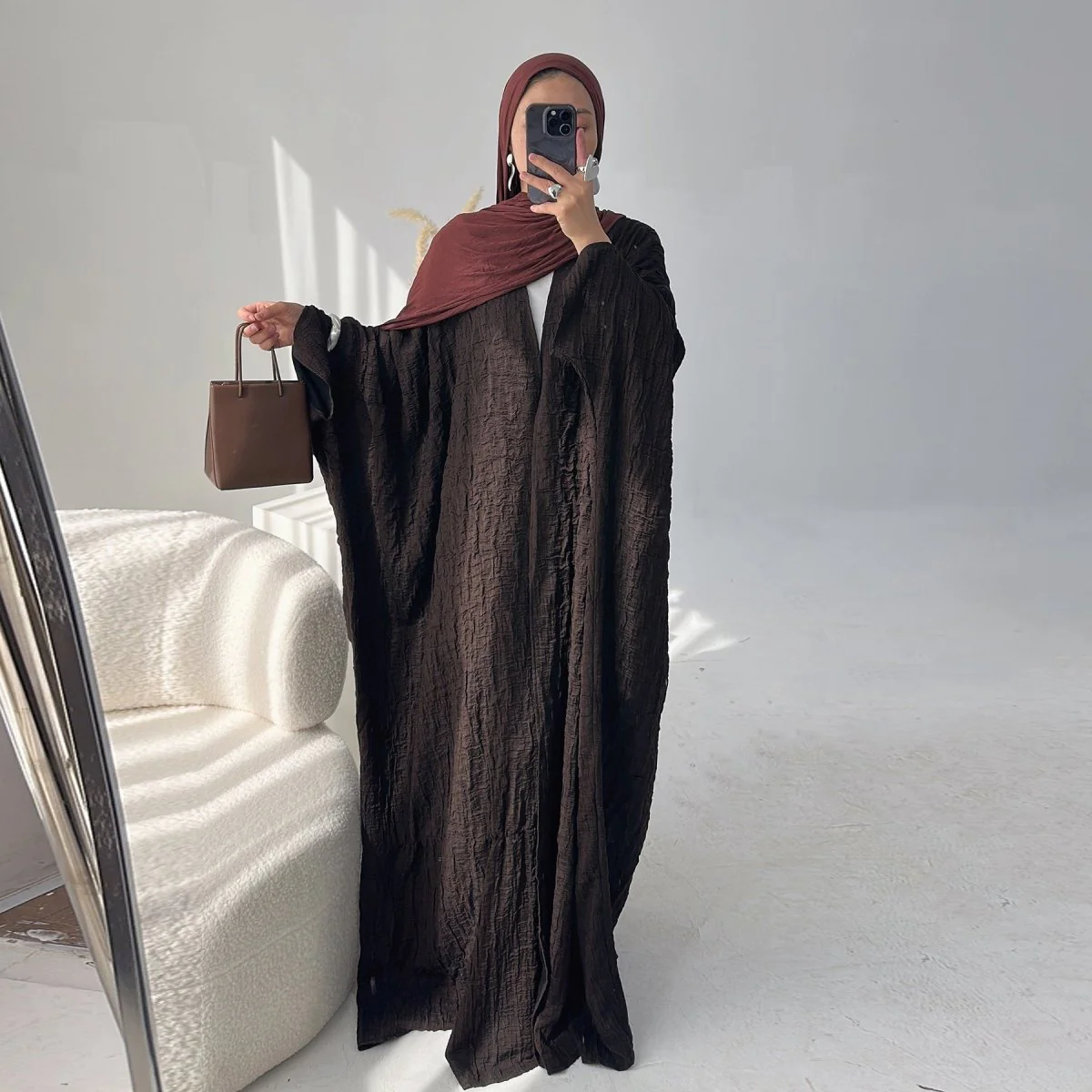 Textured Jacquard Abaya with Batwing Cardigan & Belt(MOA281) - Image 4