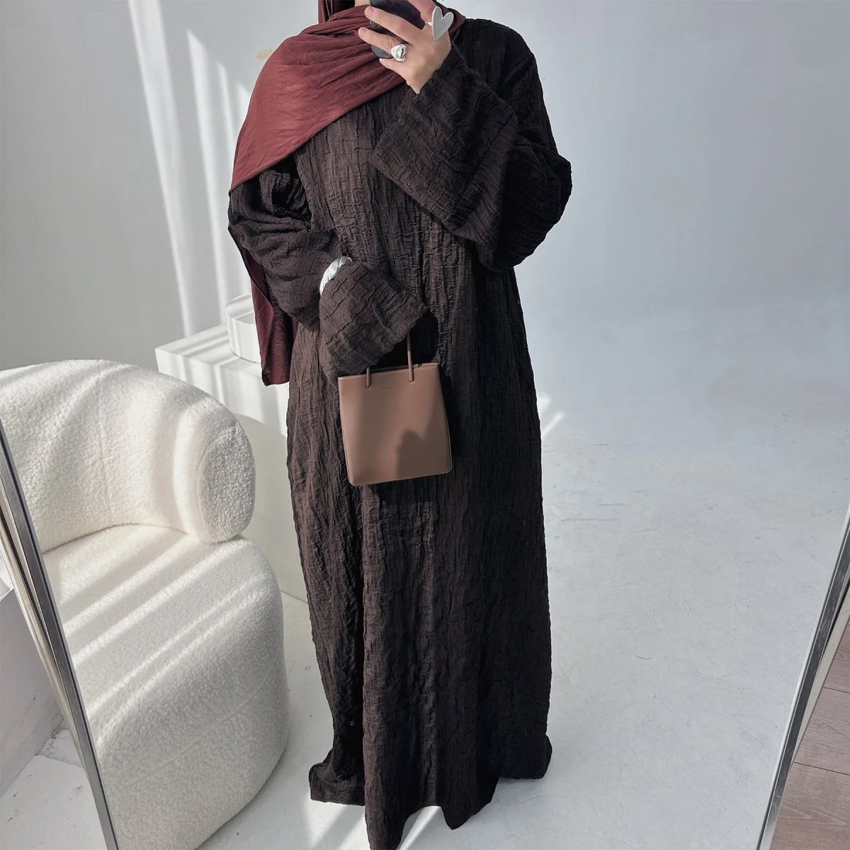 Textured Jacquard Abaya with Batwing Cardigan & Belt(MOA281) - Image 5