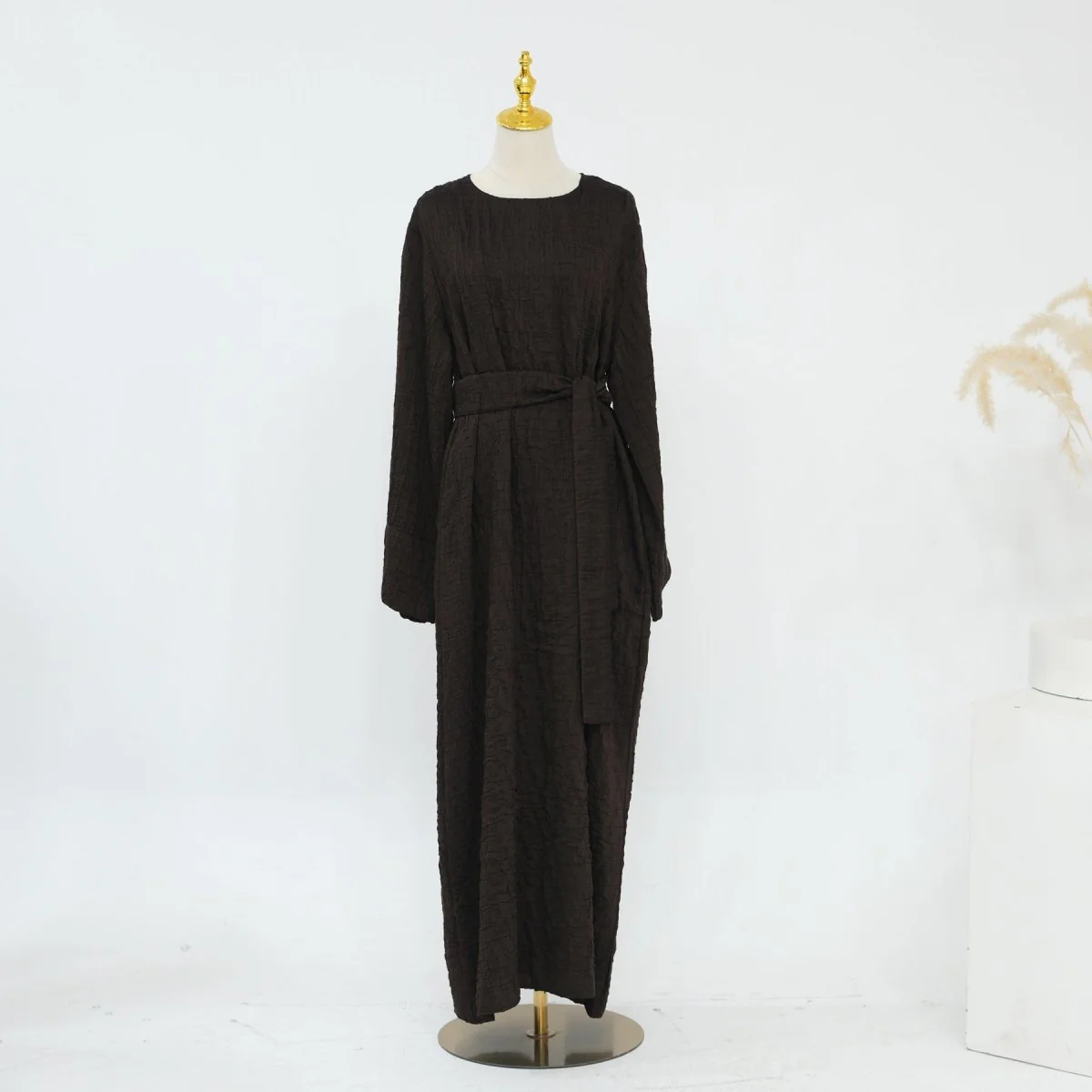 Textured Jacquard Abaya with Batwing Cardigan & Belt(MOA281) - Image 7