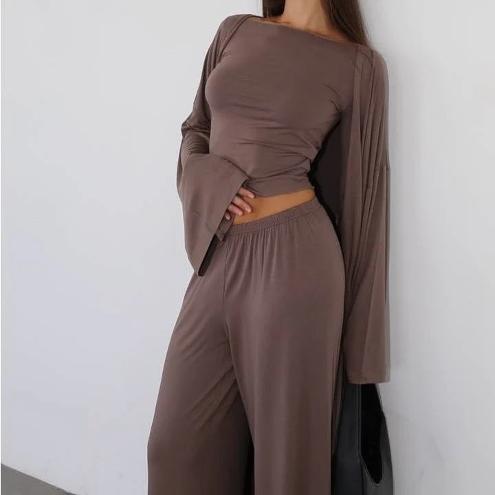 Three-Piece Cape Cardigan Set | Crop Top & Wide-Leg Pants Outfit(MS258) - Image 17