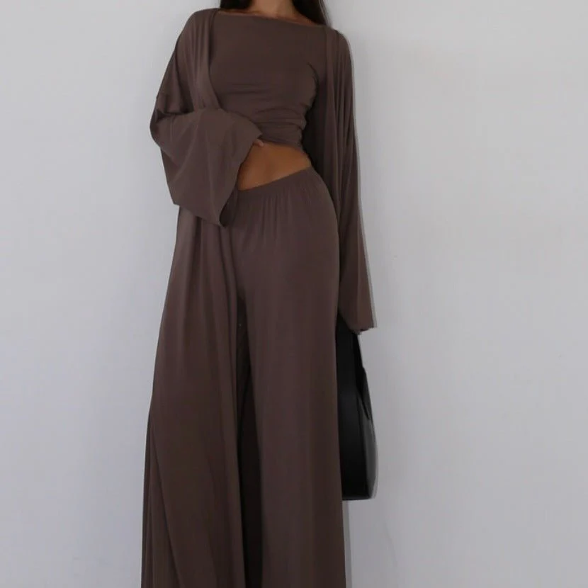 Three-Piece Cape Cardigan Set | Crop Top & Wide-Leg Pants Outfit(MS258) - Image 18