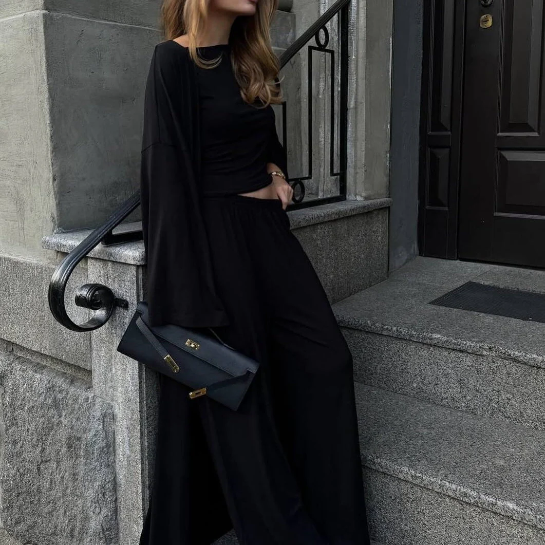 Three-Piece Cape Cardigan Set | Crop Top & Wide-Leg Pants Outfit(MS258) - Image 22