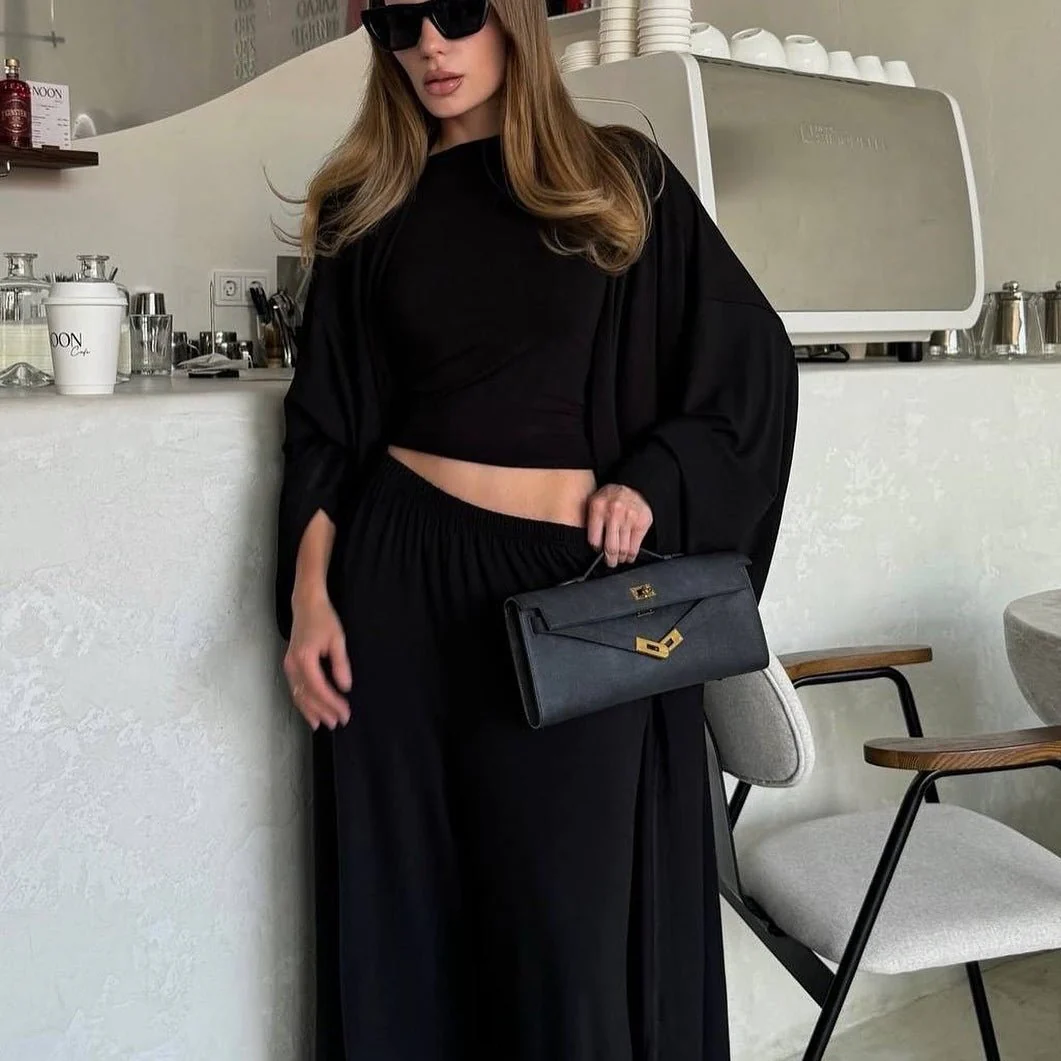 Three-Piece Cape Cardigan Set | Crop Top & Wide-Leg Pants Outfit(MS258) - Image 23