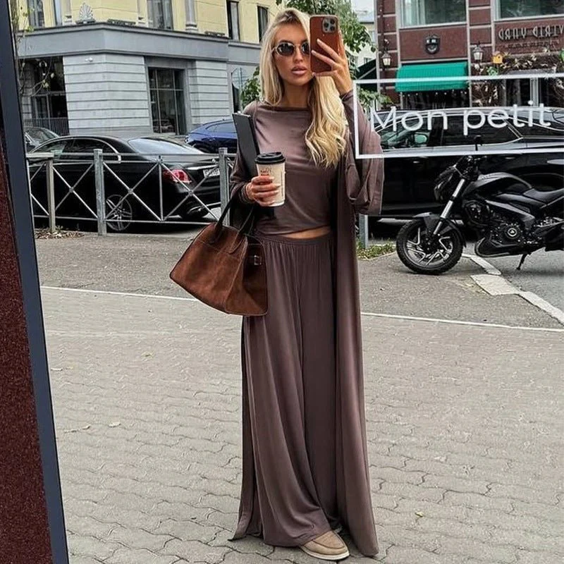 Three-Piece Cape Cardigan Set | Crop Top & Wide-Leg Pants Outfit(MS258) - Image 25