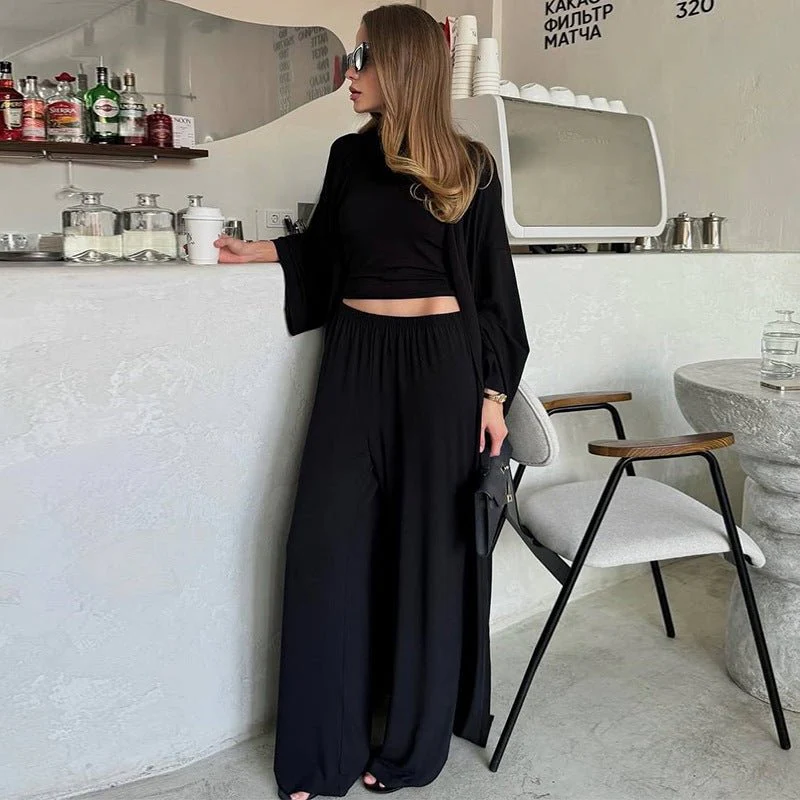 Three-Piece Cape Cardigan Set | Crop Top & Wide-Leg Pants Outfit(MS258) - Image 3