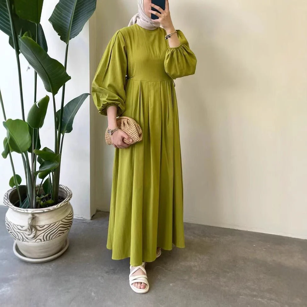 Tie-Waist Bubble Sleeve Abaya | Pleated Maxi Dress Abaya with Back Zip (MA364) - Image 2