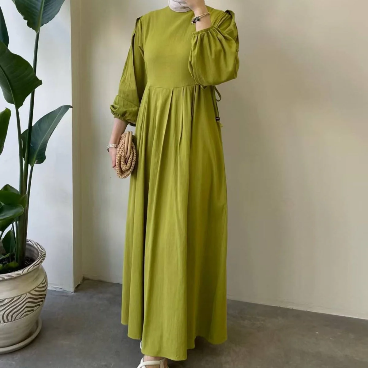 Tie-Waist Bubble Sleeve Abaya | Pleated Maxi Dress Abaya with Back Zip (MA364) - Image 3