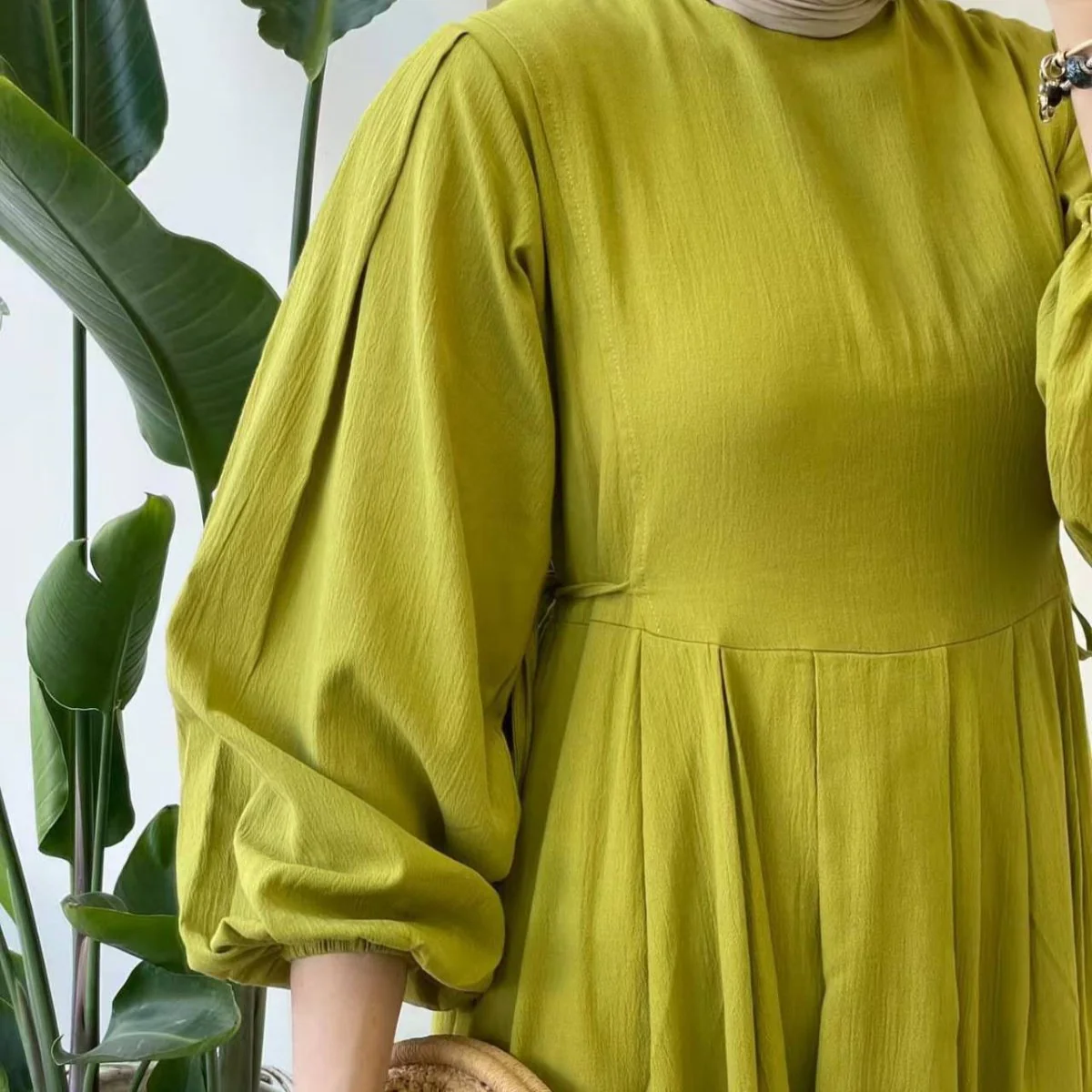 Tie-Waist Bubble Sleeve Abaya | Pleated Maxi Dress Abaya with Back Zip (MA364) - Image 4