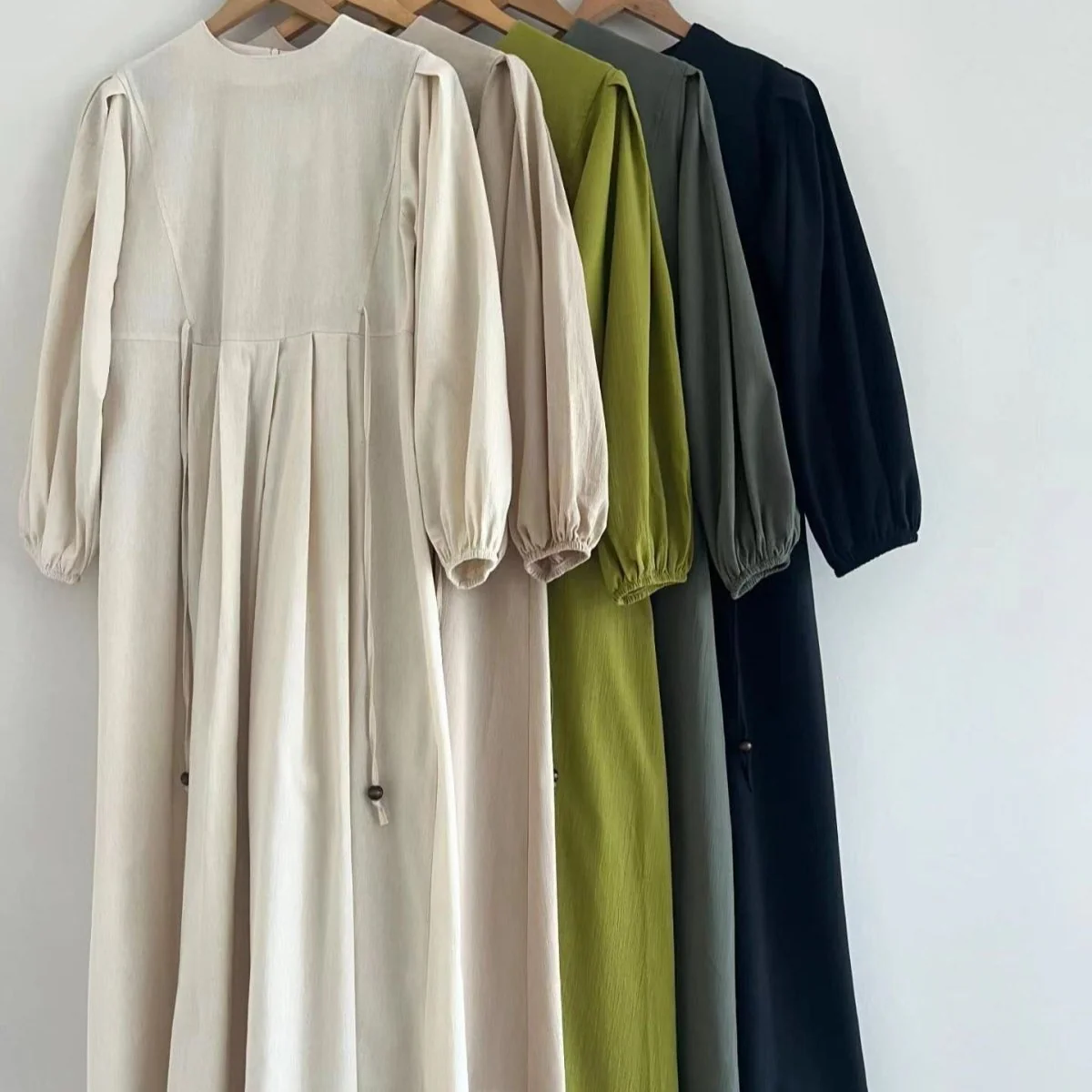 Tie-Waist Bubble Sleeve Abaya | Pleated Maxi Dress Abaya with Back Zip (MA364) - Image 5