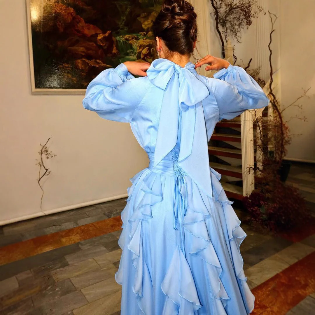 Tiered Ruffle Chiffon Evening Gown | High Neck Bow Sleeve Maxi Dress(MA349) - Image 3