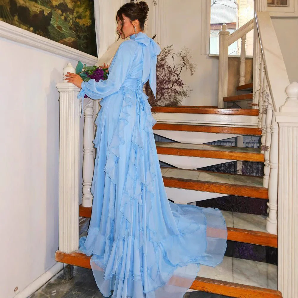 Tiered Ruffle Chiffon Evening Gown | High Neck Bow Sleeve Maxi Dress(MA349) - Image 4