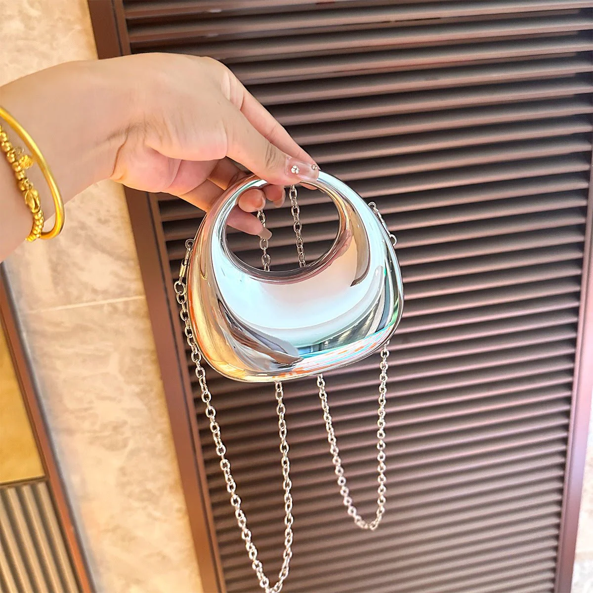 Trendy Acrylic Handbag for Women - Shiny Metal Crossbody / Shoulder Tote (Mini Crescent Design)(MAC239) - Image 3