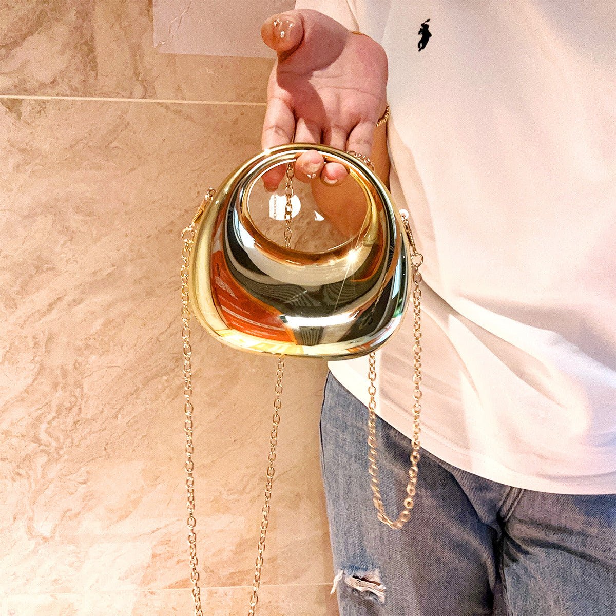 Trendy Acrylic Handbag for Women - Shiny Metal Crossbody / Shoulder Tote (Mini Crescent Design)(MAC239) - Image 5