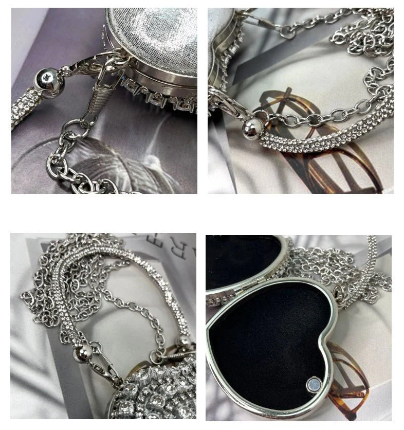 Trendy Mini Heart Chain Clutch Bag with Rhinestones – Elegant Evening Crossbody Purse for Women(MAC240) - Image 3