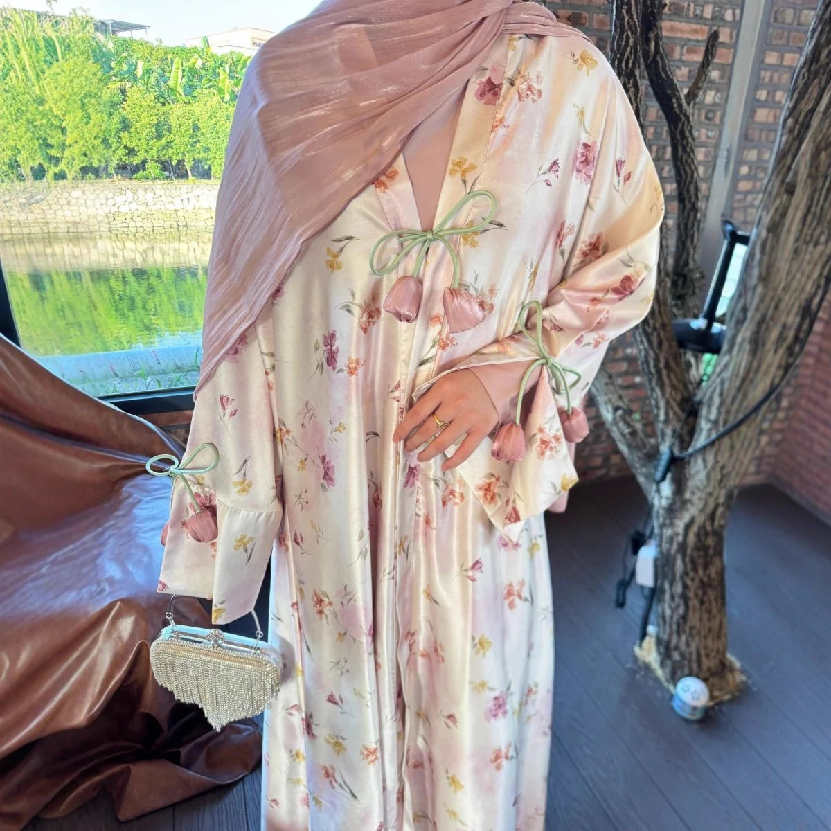 Tulip Print Satin Abaya Set with Jacket | Two-Piece Kimono Outfit (MOA270) - Image 2