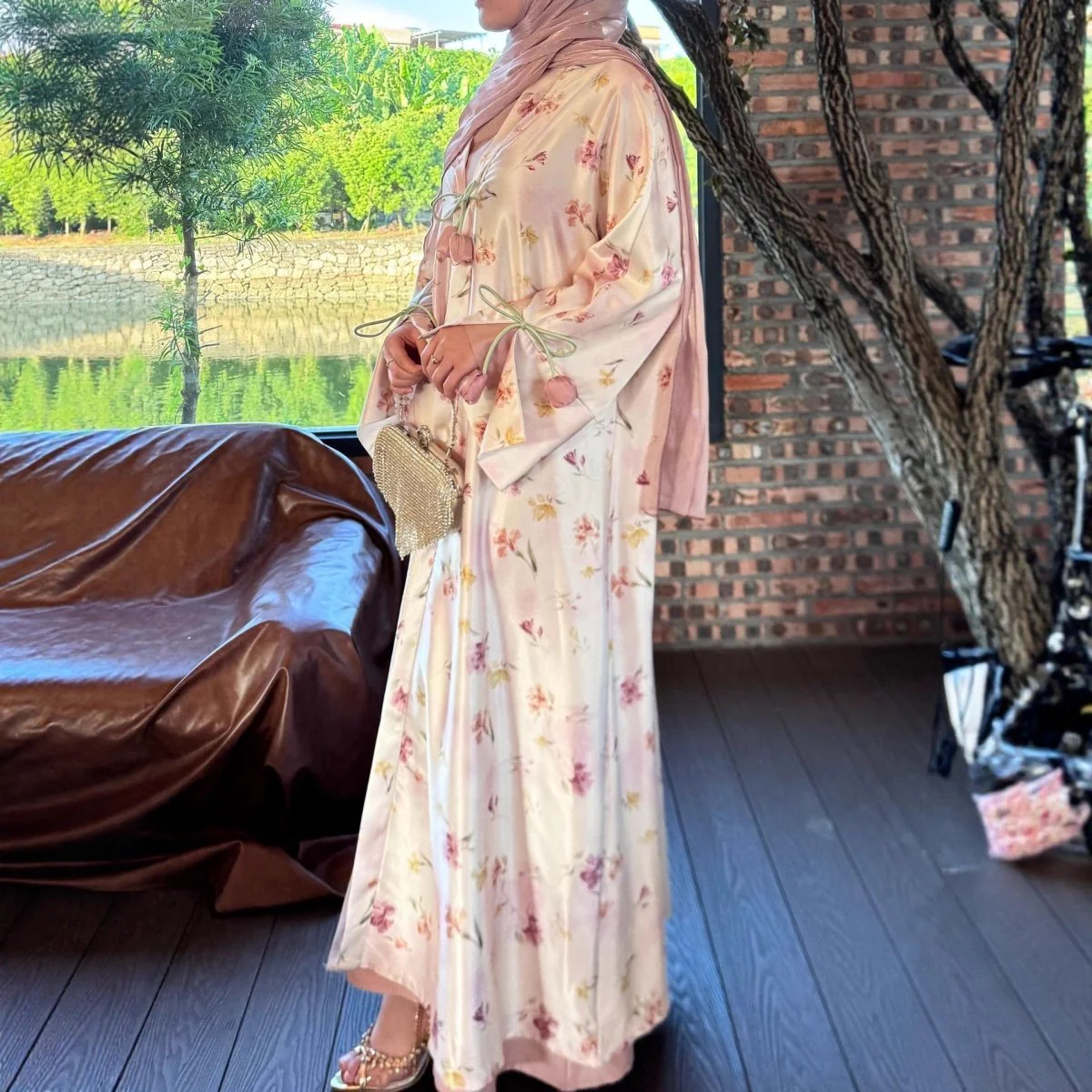 Tulip Print Satin Abaya Set with Jacket | Two-Piece Kimono Outfit (MOA270) - Image 3