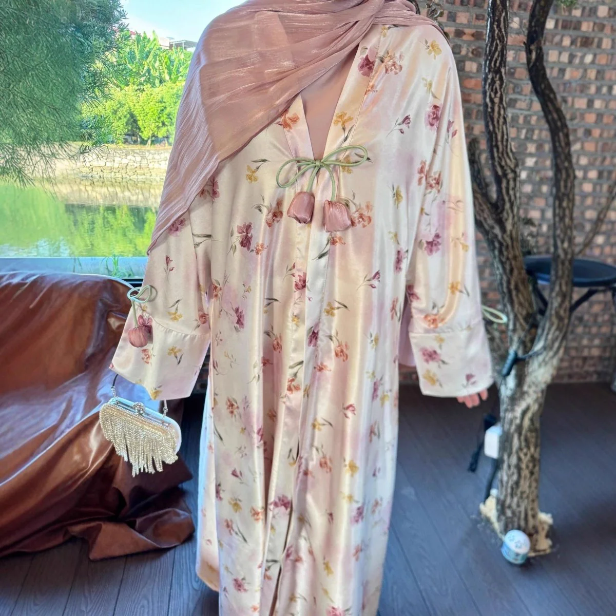 Tulip Print Satin Abaya Set with Jacket | Two-Piece Kimono Outfit (MOA270) - Image 4