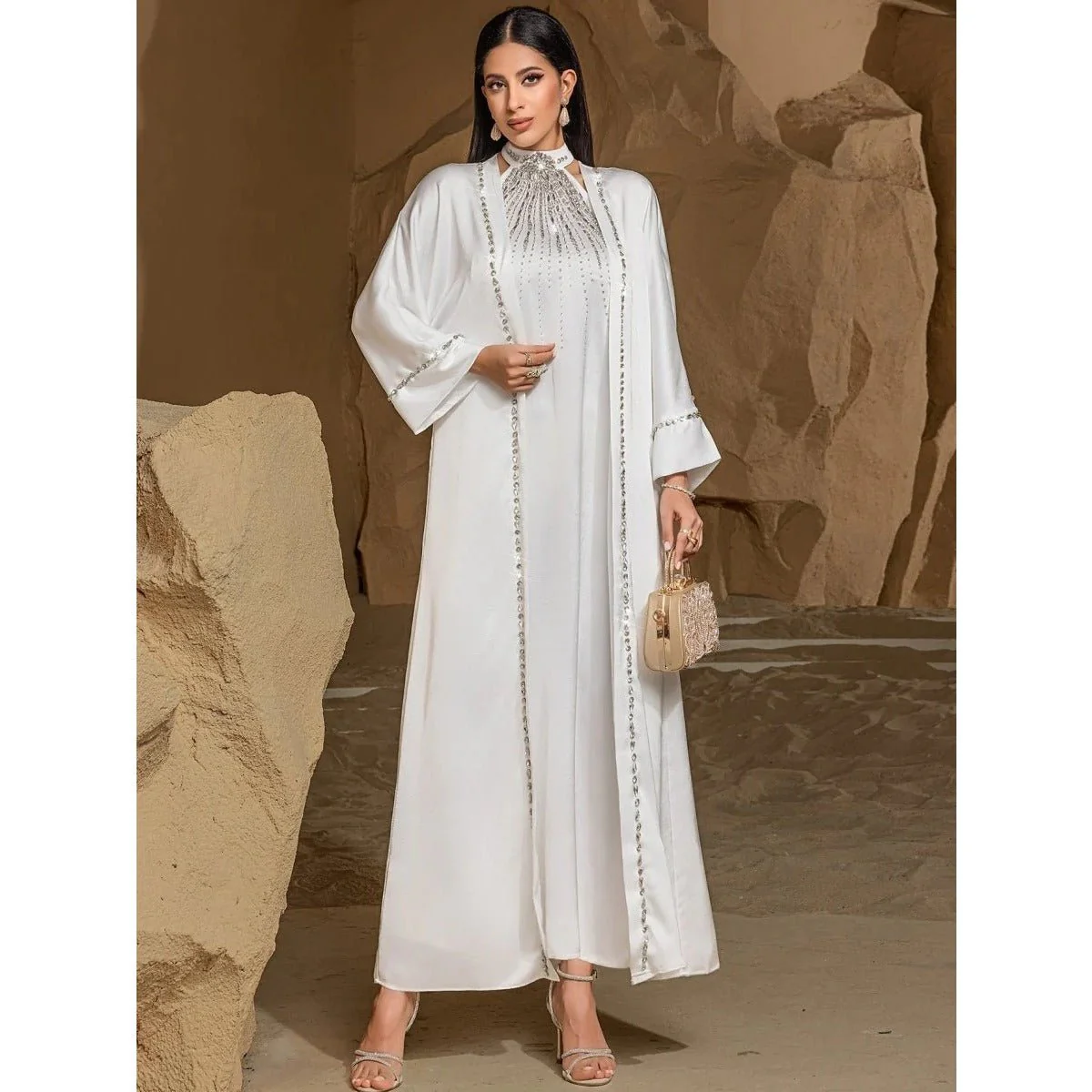 Two-Piece Kaftan Fashion Hand-Stitched Diamond Dress(MOA150) - Image 7