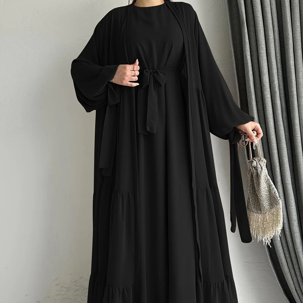 Two-Piece Tiered Dress & Tie-Sleeve Cardigan Set (MOA292) - Image 10
