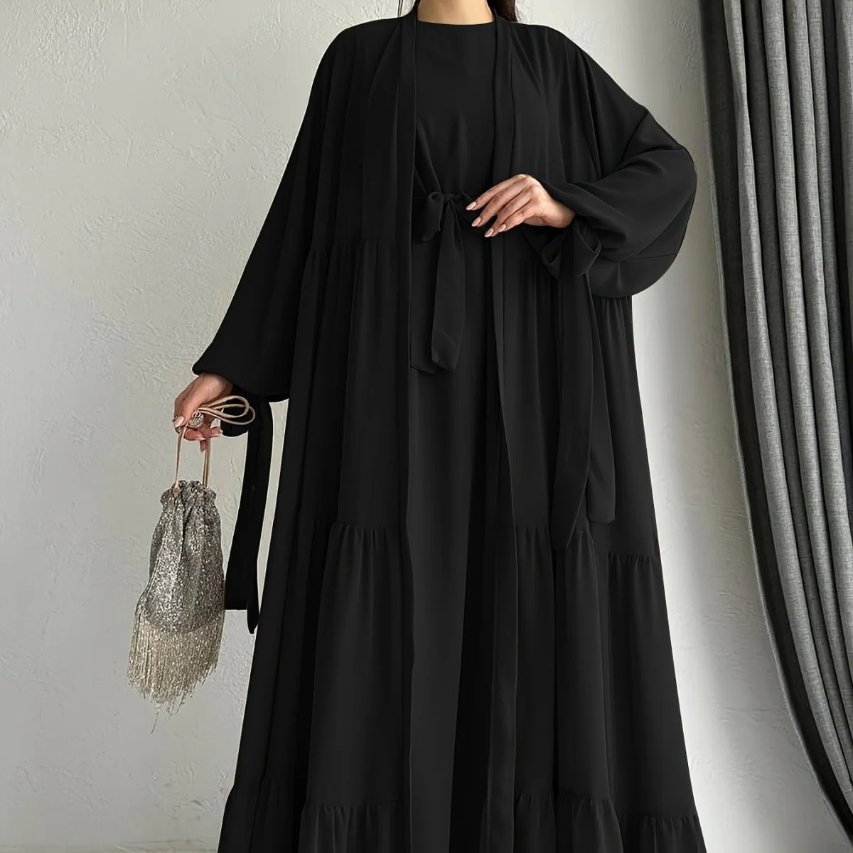 Two-Piece Tiered Dress & Tie-Sleeve Cardigan Set (MOA292) - Image 11