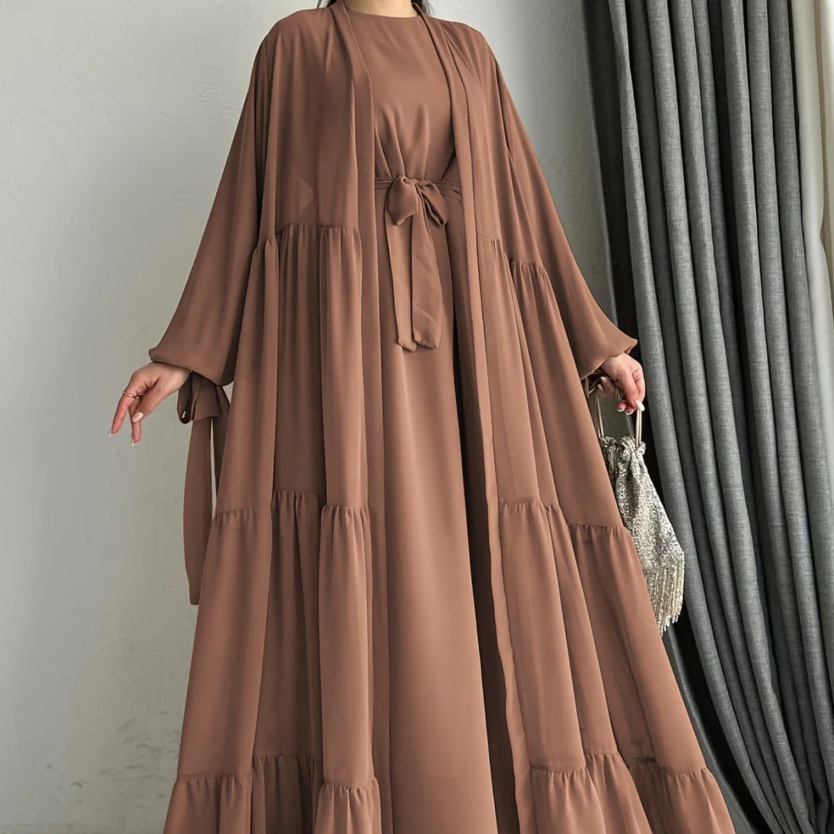 Two-Piece Tiered Dress & Tie-Sleeve Cardigan Set (MOA292) - Image 4