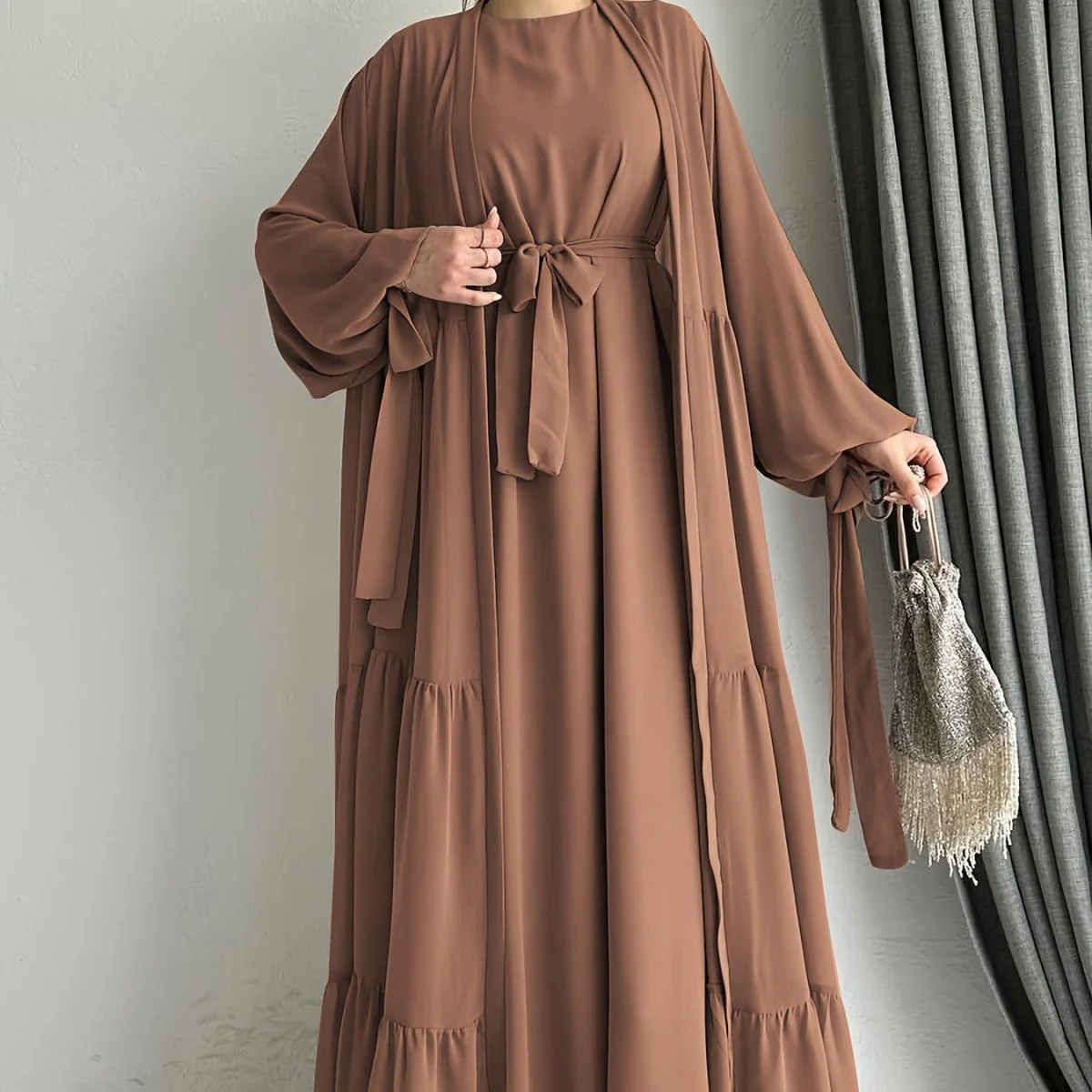 Two-Piece Tiered Dress & Tie-Sleeve Cardigan Set (MOA292) - Image 5