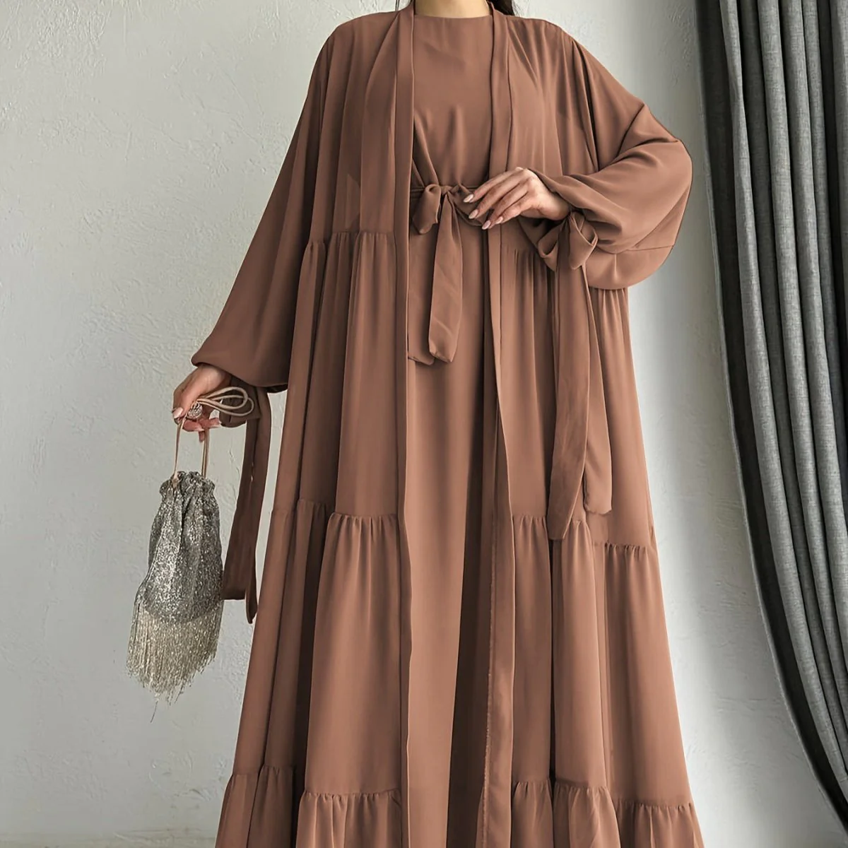 Two-Piece Tiered Dress & Tie-Sleeve Cardigan Set (MOA292) - Image 6