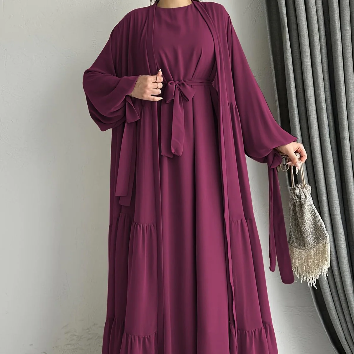 Two-Piece Tiered Dress & Tie-Sleeve Cardigan Set (MOA292) - Image 8